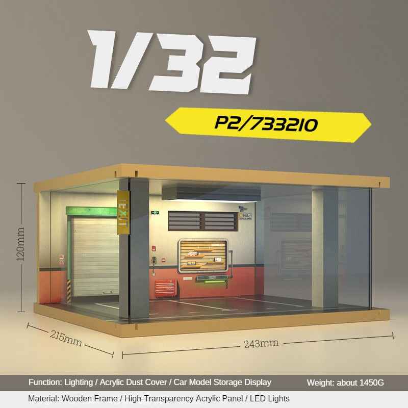 1:32 LED Simulation Wooden Garage Model - DIY Car Parking Scene with Dust Cover for Realistic Display - Dadai Models