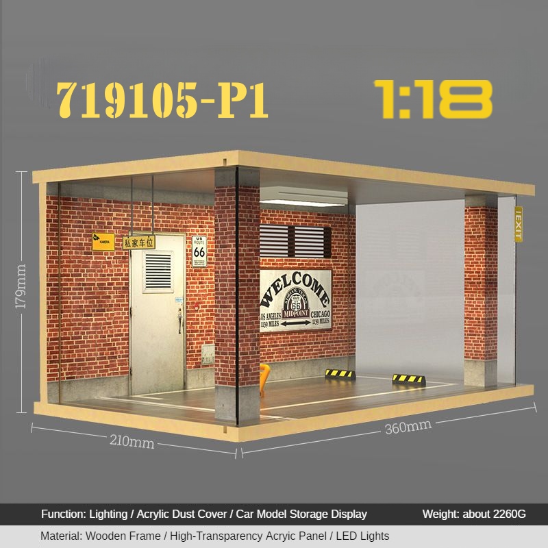 1:18 Wooden LED Garage Diorama - Ideal Parking Scene Display Case for Cars - Dadai Models