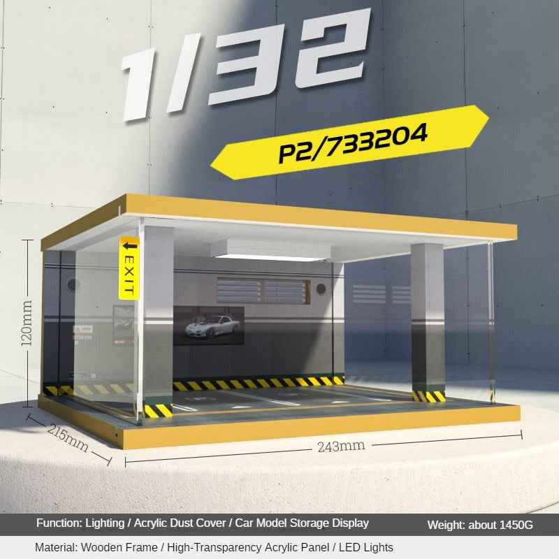 1:32 LED Simulation Wooden Garage Model - DIY Car Parking Scene with Dust Cover for Realistic Display - Dadai Models