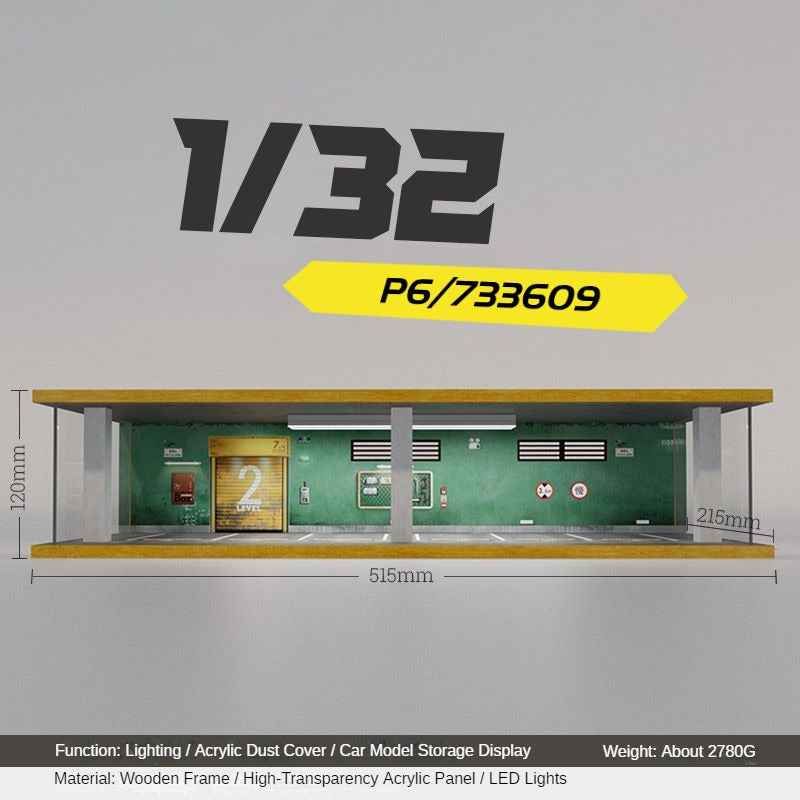 1:32 LED Simulation Wooden Garage Model - DIY Car Parking Scene with Dust Cover for Realistic Display - Dadai Models