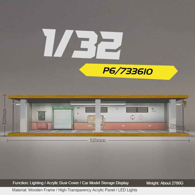 1:32 LED Simulation Wooden Garage Model - DIY Car Parking Scene with Dust Cover for Realistic Display - Dadai Models