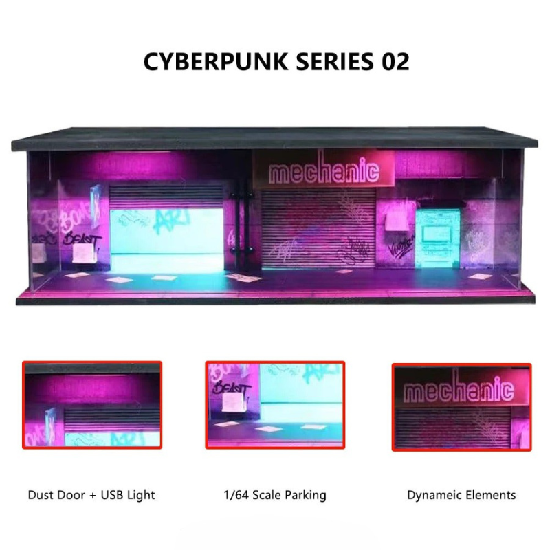1:64 Cyberpunk Garage Diorama Model Set with LED Parking Lot DIY Collectible - Dadai Models