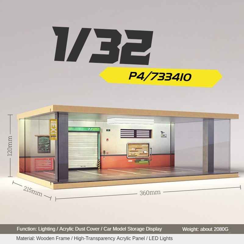 1:32 LED Simulation Wooden Garage Model - DIY Car Parking Scene with Dust Cover for Realistic Display - Dadai Models