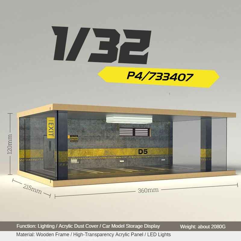 1:32 LED Simulation Wooden Garage Model - DIY Car Parking Scene with Dust Cover for Realistic Display - Dadai Models
