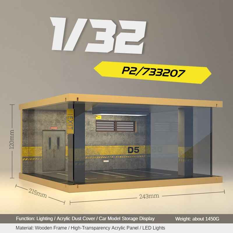 1:32 LED Simulation Wooden Garage Model - DIY Car Parking Scene with Dust Cover for Realistic Display - Dadai Models