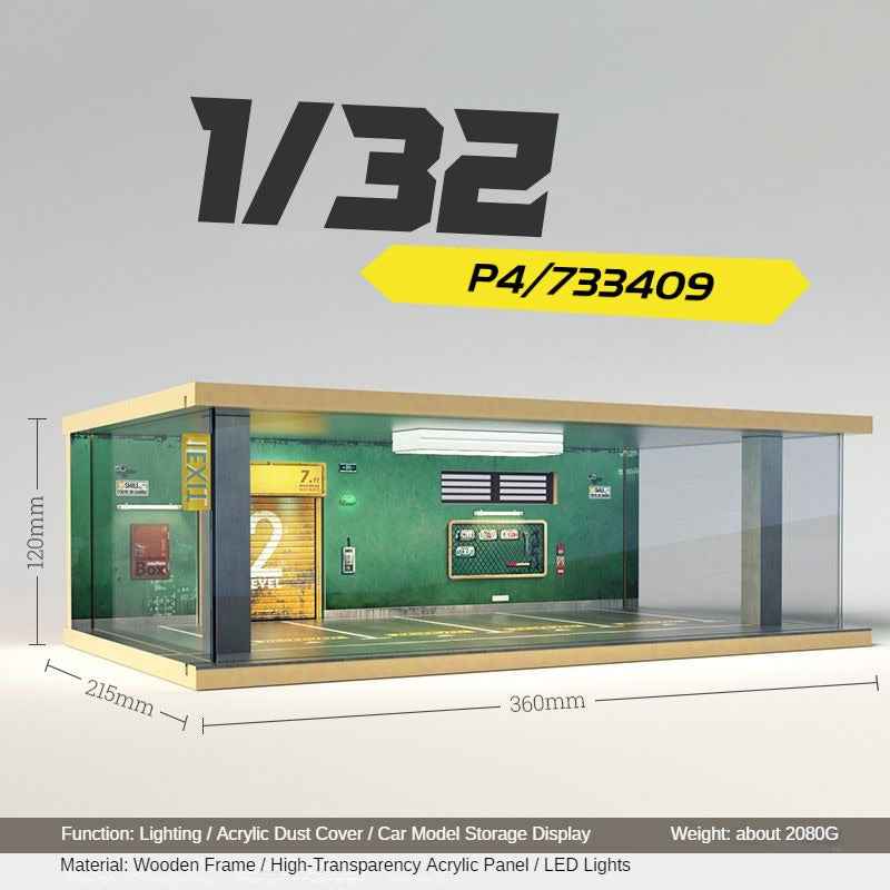 1:32 LED Simulation Wooden Garage Model - DIY Car Parking Scene with Dust Cover for Realistic Display - Dadai Models