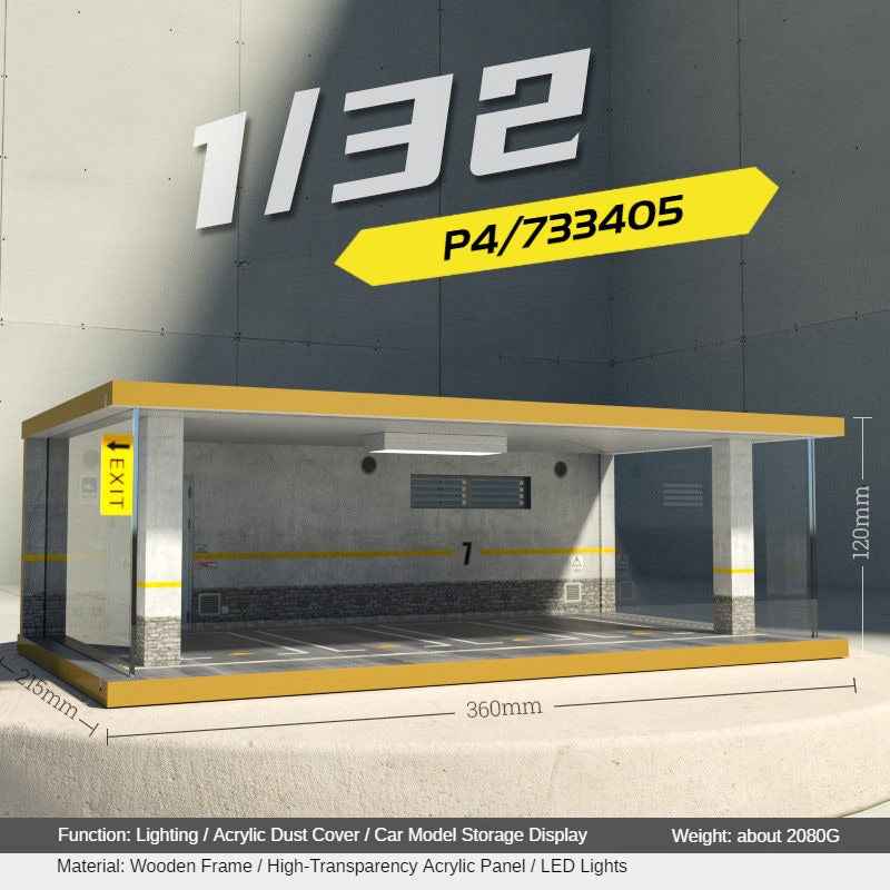 1:32 LED Simulation Wooden Garage Model - DIY Car Parking Scene with Dust Cover for Realistic Display - Dadai Models