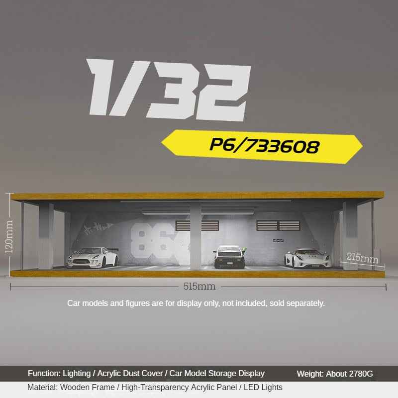 1:32 LED Simulation Wooden Garage Model - DIY Car Parking Scene with Dust Cover for Realistic Display - Dadai Models