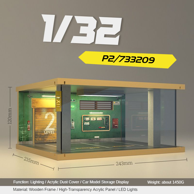 1:32 LED Simulation Wooden Garage Model - DIY Car Parking Scene with Dust Cover for Realistic Display - Dadai Models