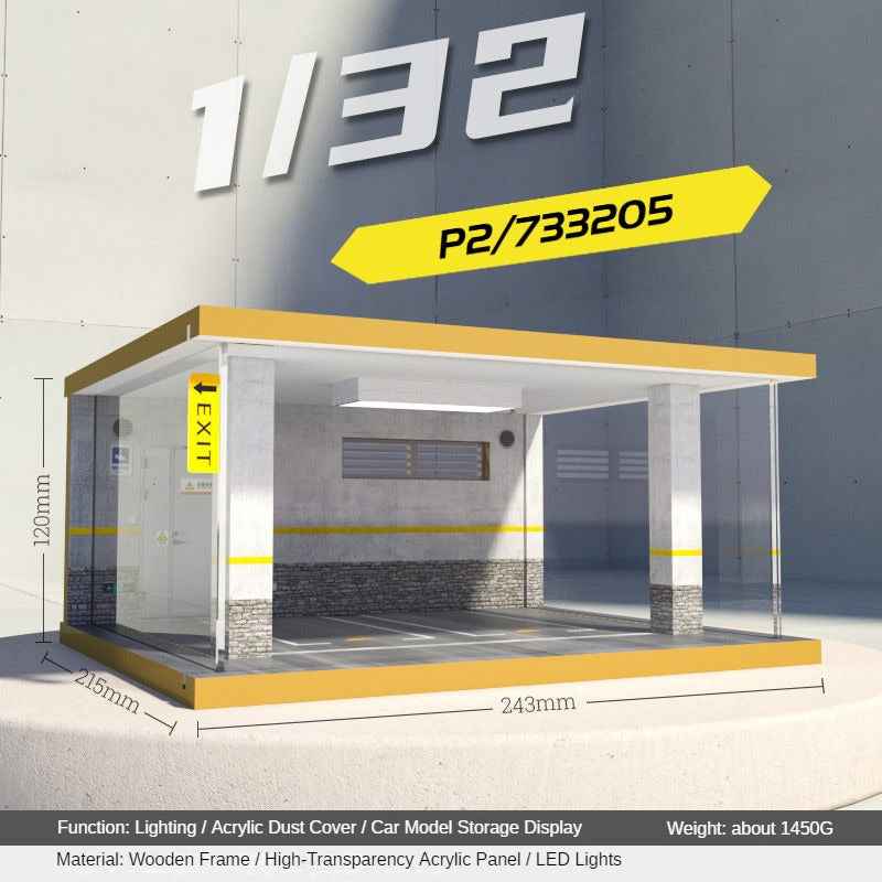 1:32 LED Simulation Wooden Garage Model - DIY Car Parking Scene with Dust Cover for Realistic Display - Dadai Models