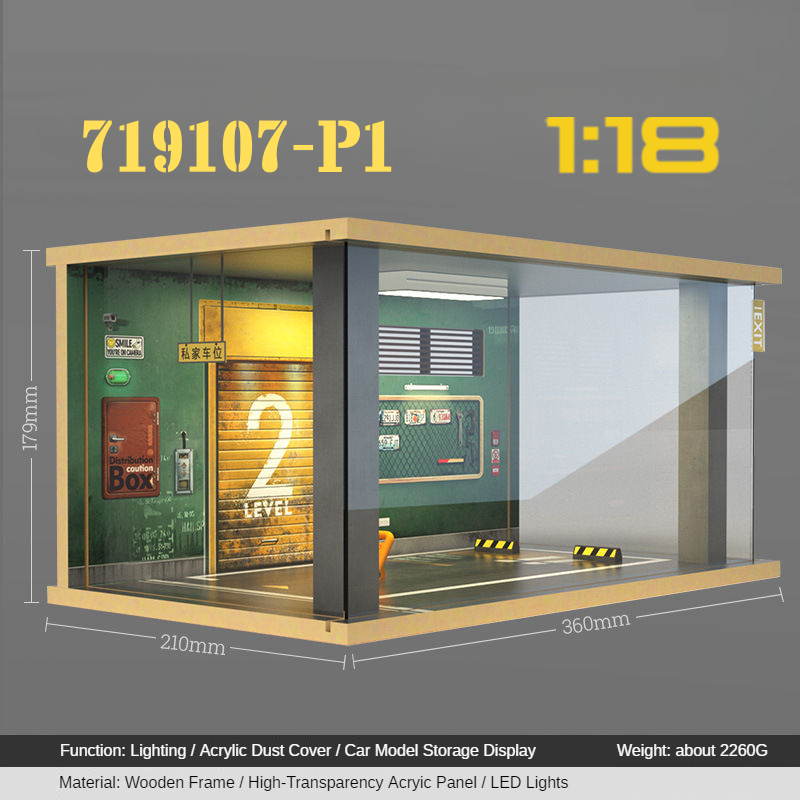 1:18 Wooden LED Garage Diorama - Ideal Parking Scene Display Case for Cars - Dadai Models