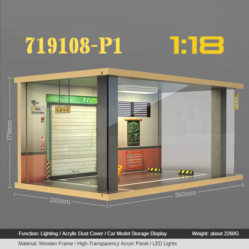 1:18 Wooden LED Garage Diorama - Ideal Parking Scene Display Case for Cars - Dadai Models