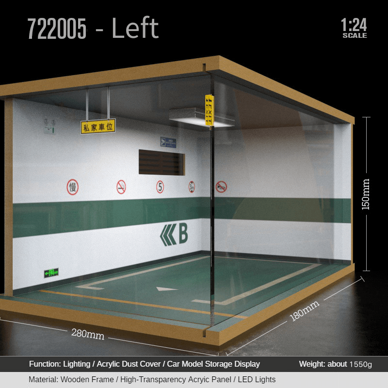 1:24 garage diorama model – Wooden Model with Acrylic Dust Cover - Dadai Models