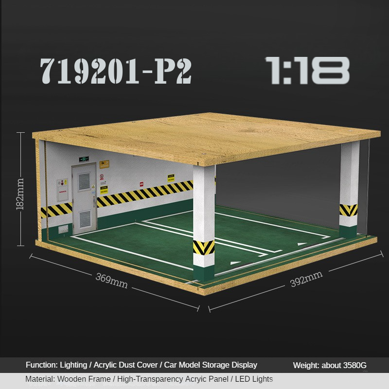 1:18 Wooden LED Garage Diorama - Ideal Parking Scene Display Case for Cars - Dadai Models