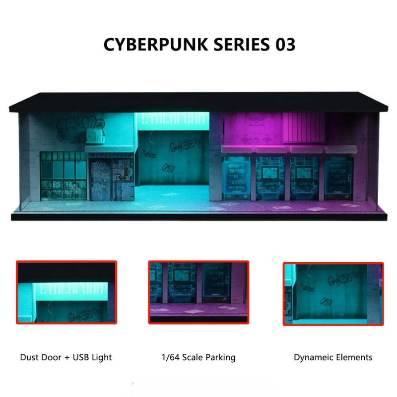 1:64 Cyberpunk Garage Diorama Model Set with LED Parking Lot DIY Collectible - Dadai Models