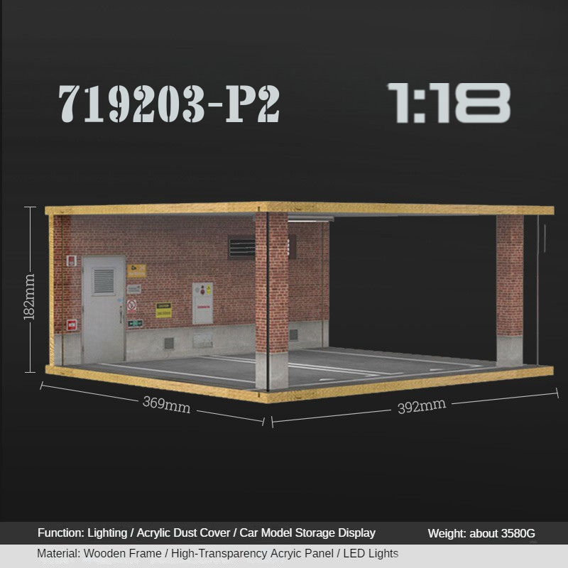 1:18 Wooden LED Garage Diorama - Ideal Parking Scene Display Case for Cars - Dadai Models