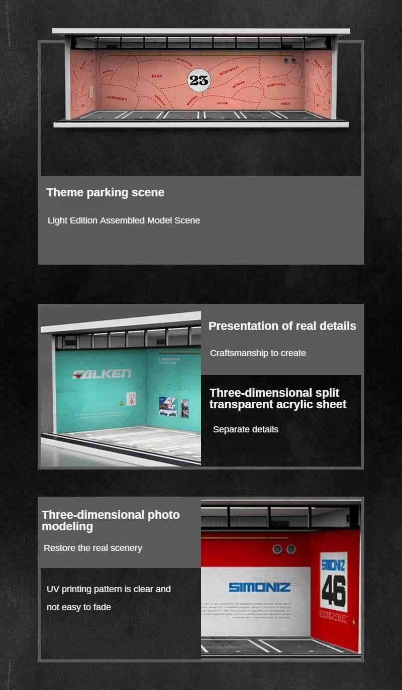 1:64 Model Parking Lot Diorama with Lights - Realistic Car Parking Space Simulation - Dadai Models